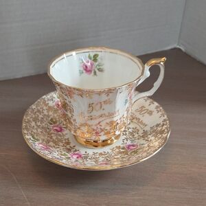 Gold and Pink Floral Teacup and Saucer